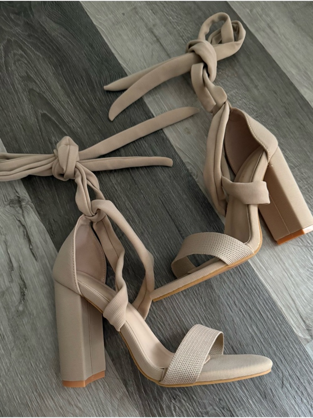 Neutral Tie-Ankle Block Heel Sandals - Beige